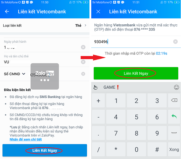 Nạp tiền qua ví điện tử liên kết với VietcomBank 6
