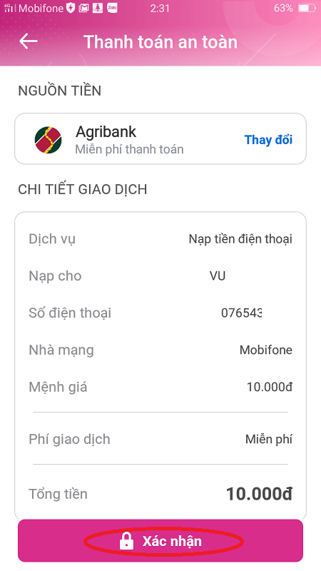 Nạp thẻ điện thoại bằng tài khoản ngân hàng Agribank bằng ví điện tử 6