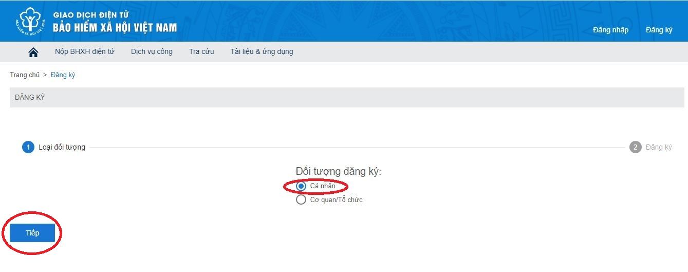 Chọn đối tượng đăng ký tài khoản ứng dụng VssID để tra cứu quá trình BHXH