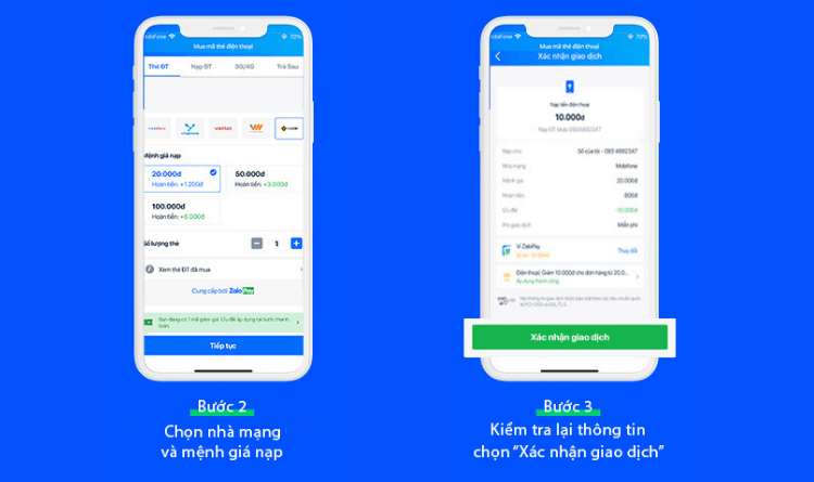 Hướng dẫn Mua thẻ điện thoại chiết khẩu cao trên ứng dụng Zalo bước 2,3