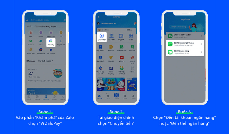 Chuyển tiền đến số thẻ/tài khoản ngân hàng qua ứng dụng Zalo