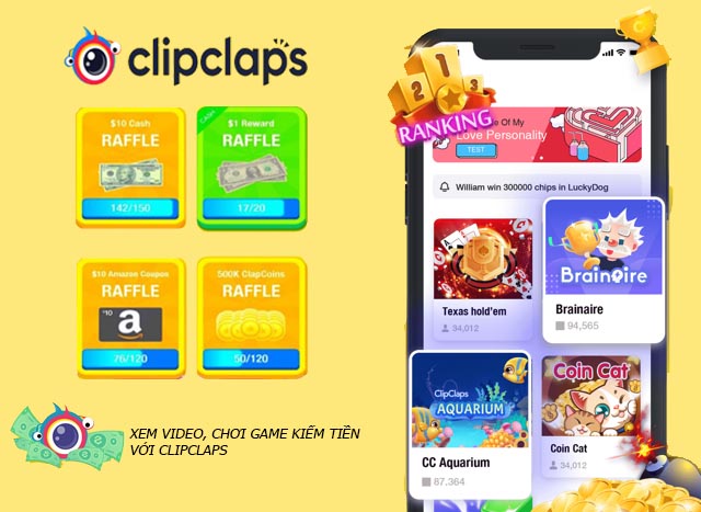 Ứng dụng chơi game kiếm tiền ClipClaps