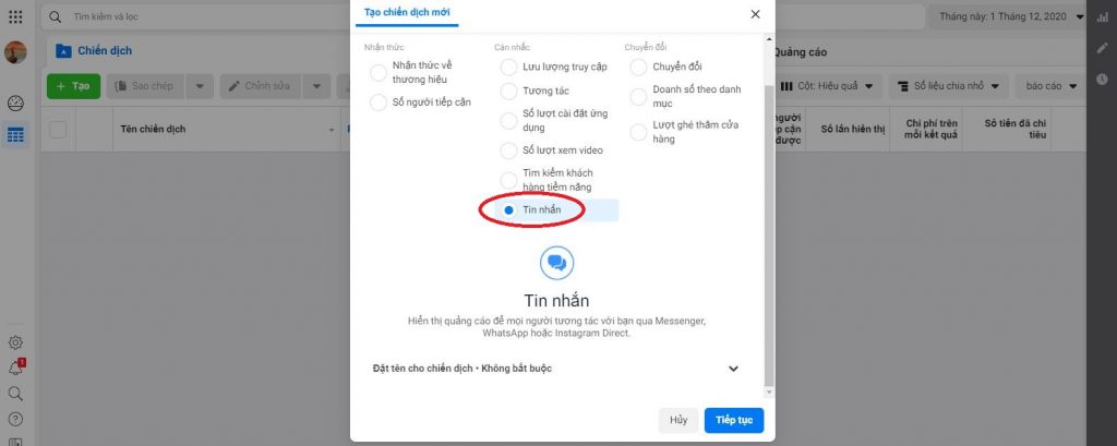 Bước 1: Lựa chọn mục tiêu chạy quảng cáo Facebook