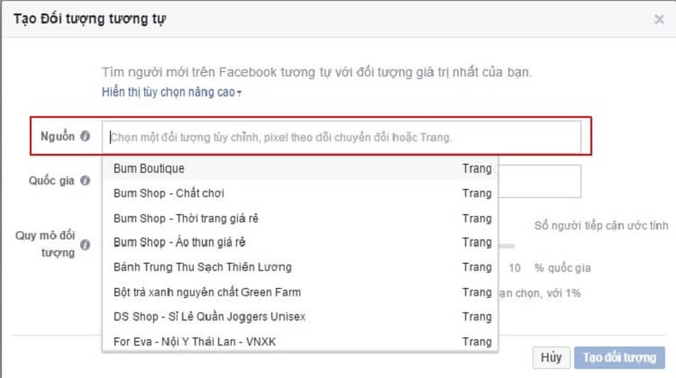 đối tượng trong quảng cáo facebook