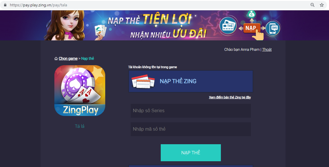 Các bước nạp thẻ zing play