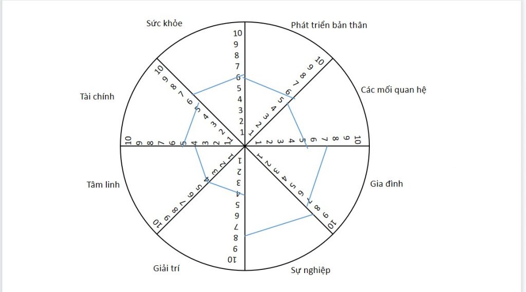 Bạn tự đánh giá mức độ hài lòng của bản thân đối với từng tiêu chí trong cuộc đời và sử dụng các đường kẻ để nối các điểm lại với nhau.