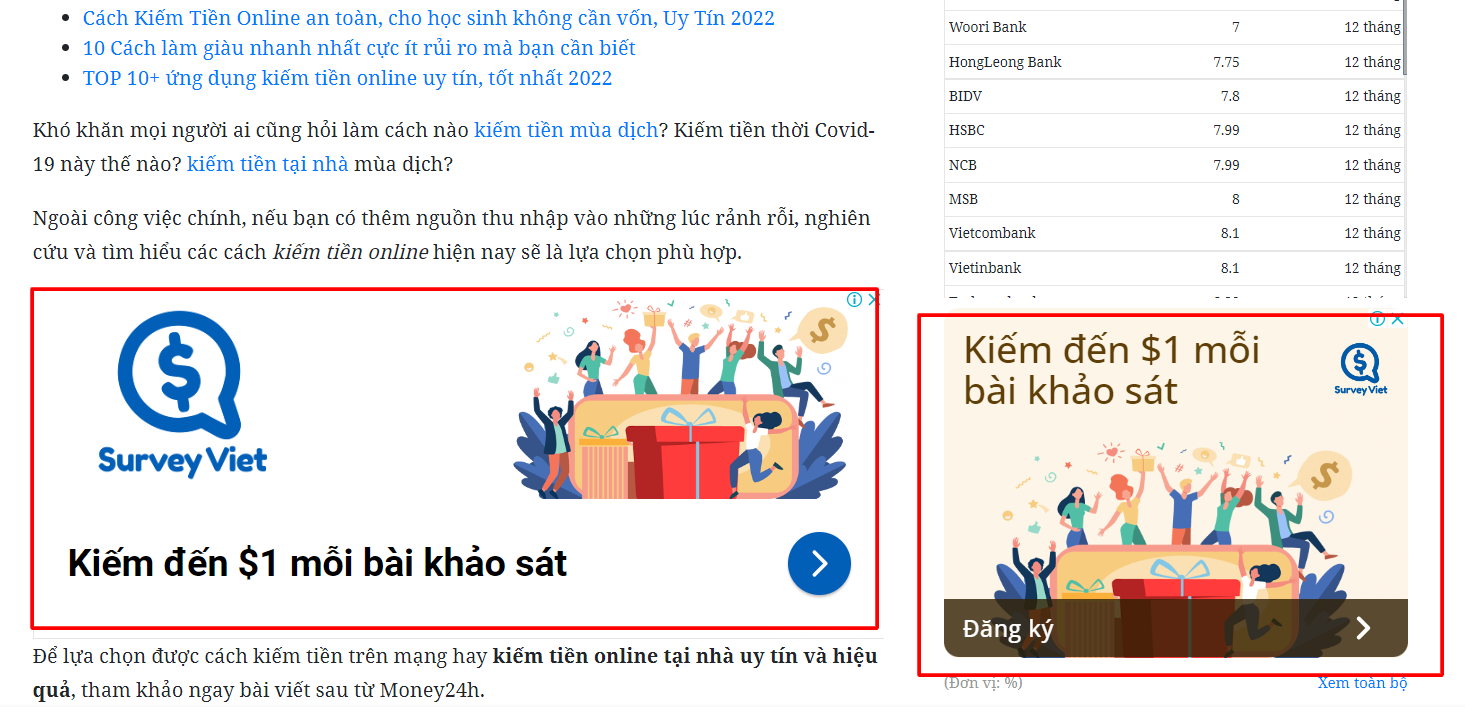 Ví dụ về Google Adsense trên website của Money24h