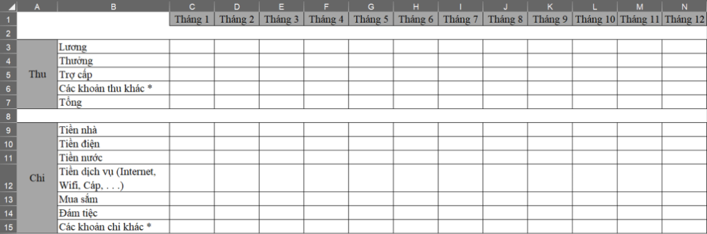 Mẫu bảng chi tiêu cá nhân bằng Excel đơn giản