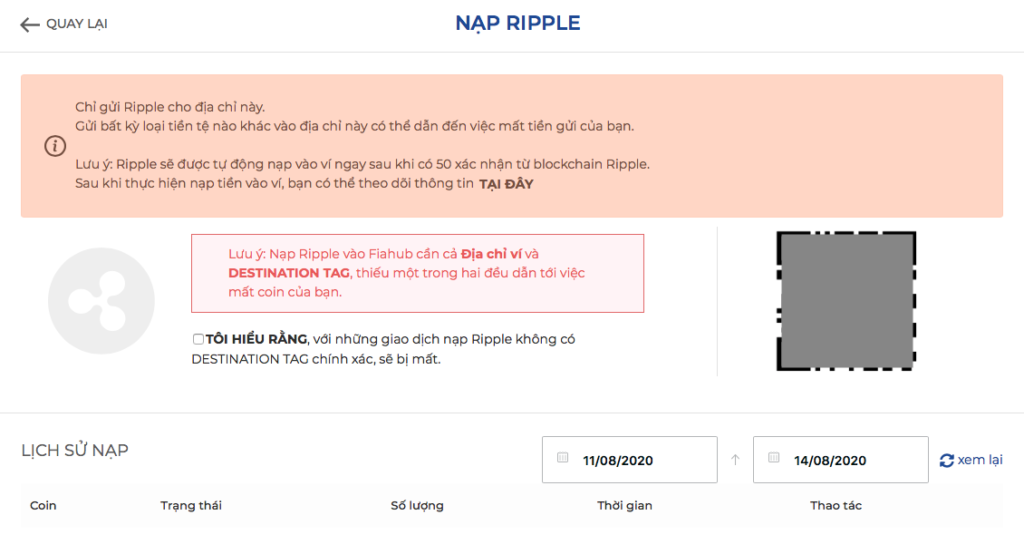 Giao diện để nạp đồng XRP vào ví XRP tại Fiahub