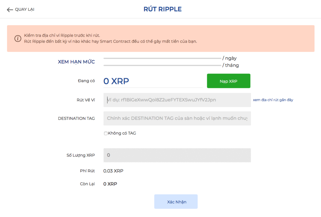 Giao diện rút XRP từ sàn Fiahub