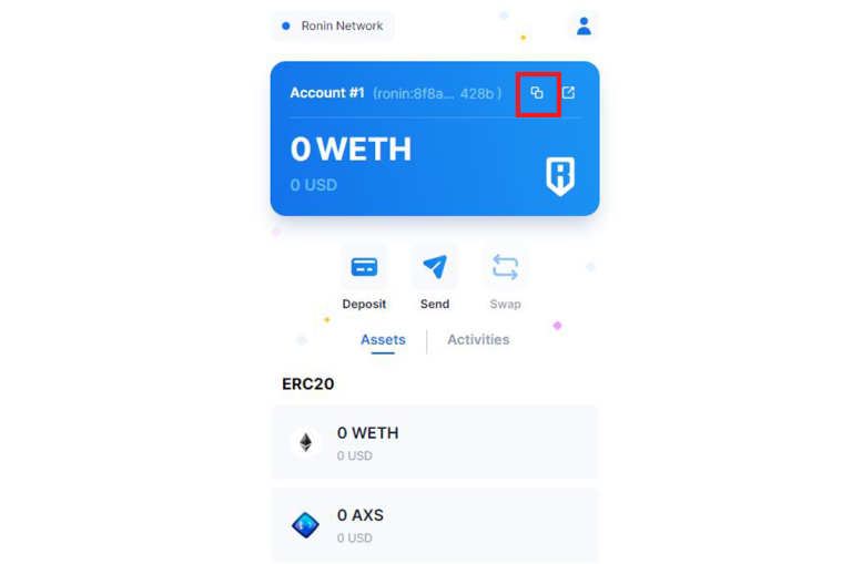 Chọn biểu tượng sao chép để sao chép địa chỉ của ví Ronin Wallet