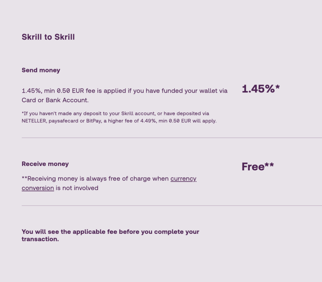 Biểu phí chuyển tiền tài khoản cùng thuộc Skrill 