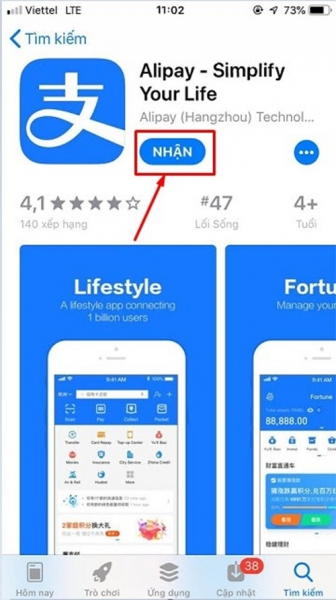 Bấm nút “Nhận” và thực hiện các thao tác để cài đặt app Alipay