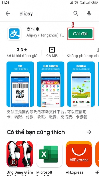  Bấm nút “Cài đặt” để cài đặt app Alipay trên Android