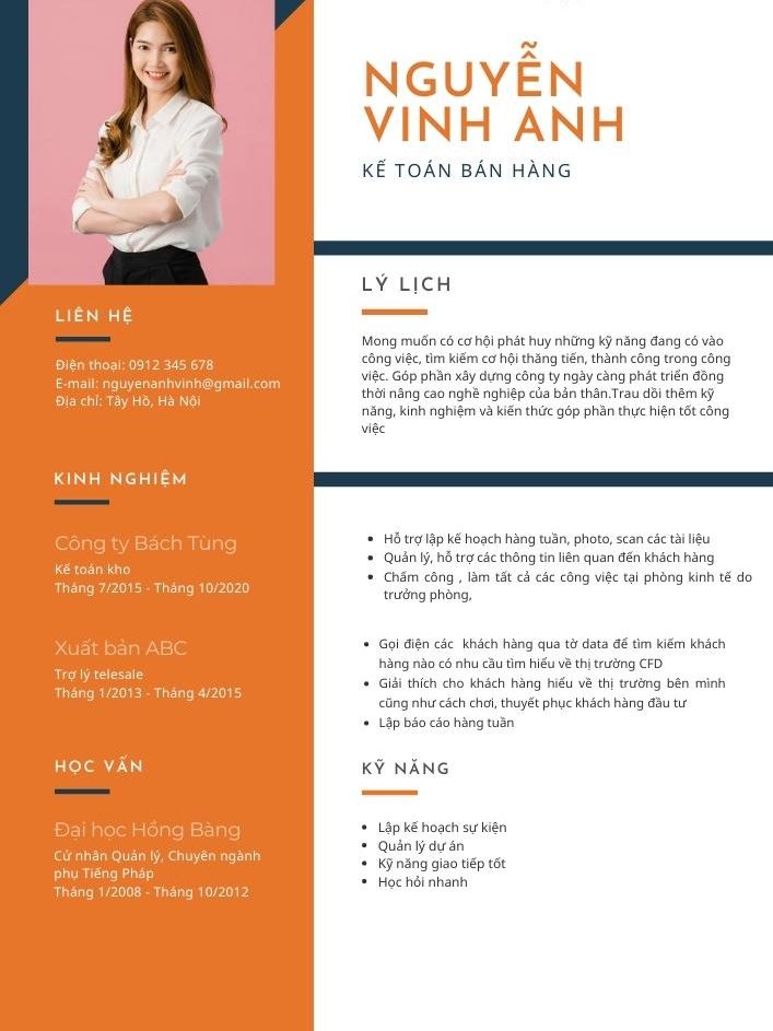 Mẫu CV xin việc kế toán bán hàng