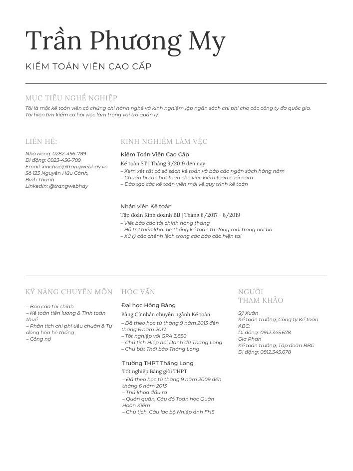 Mẫu CV xin việc kế toán đơn giản