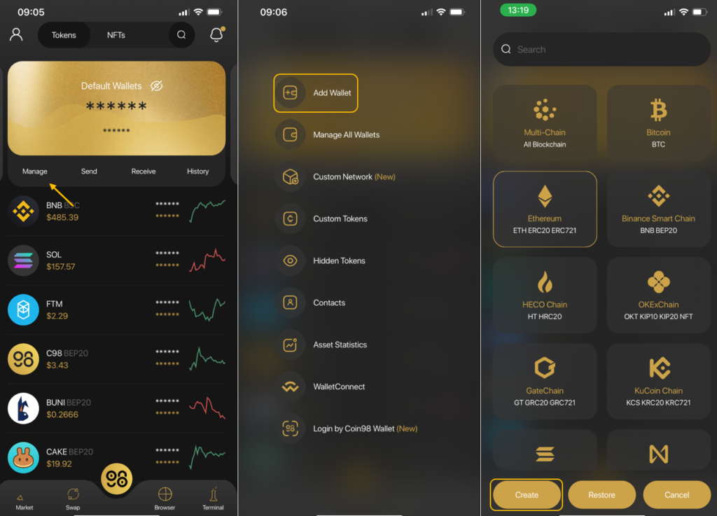 Chọn Add Wallet để tạo thêm ví 