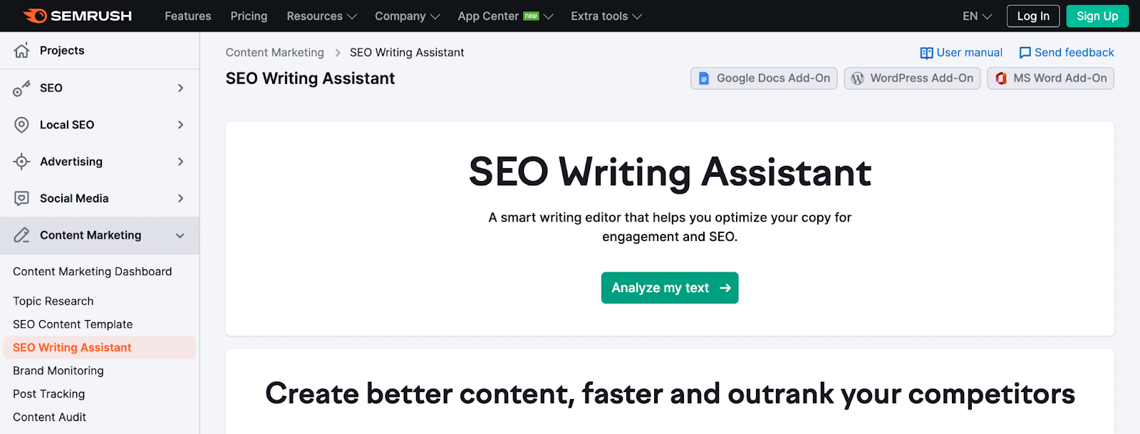 The SEMrush Writing Assistant WordPress plugin not only helps you write better but also tells you what your competitors are ranking for and why