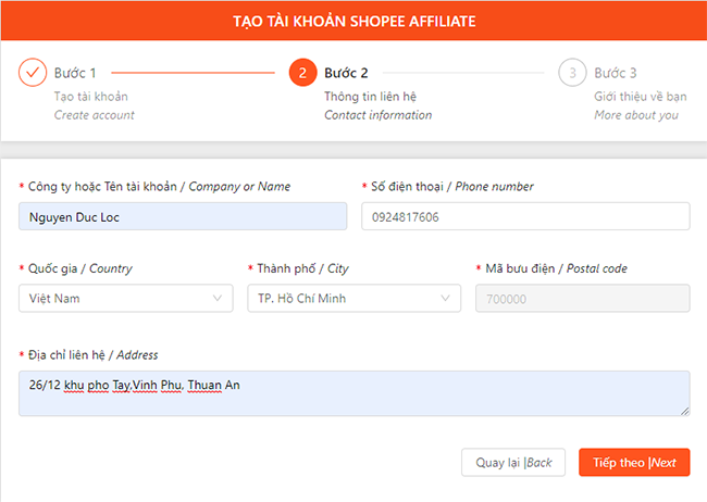 Xác nhận các thông tin cá nhân để tạo tài khoản