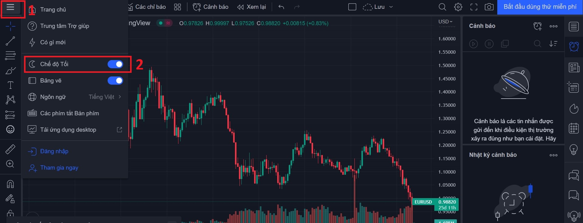 cách chuyển chế độ dark mode của tradingview cách 1