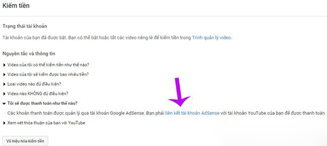 Tiến hành liên kết với Adsense để có thể nhận được tiền từ Youtube