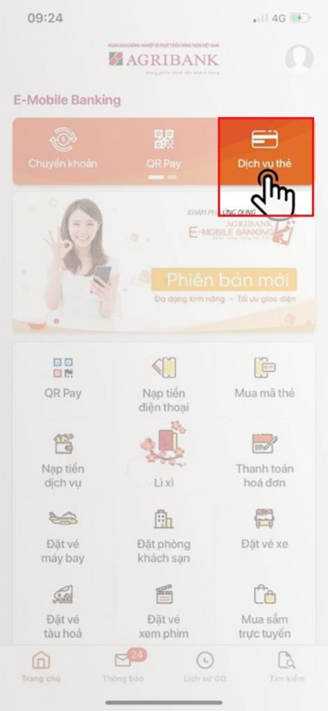 Bước 1: Tại màn hình trang chủ, góc trên bên phải, chọn mục “Dịch vụ thẻ”