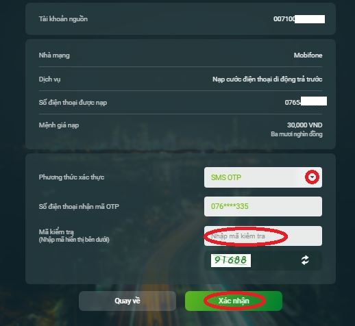 Nhận mã captcha xác thực nạp tiền điện thoại