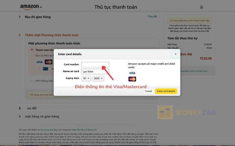 Điền thông tin thẻ Visa/Mastercard để checkout amazon