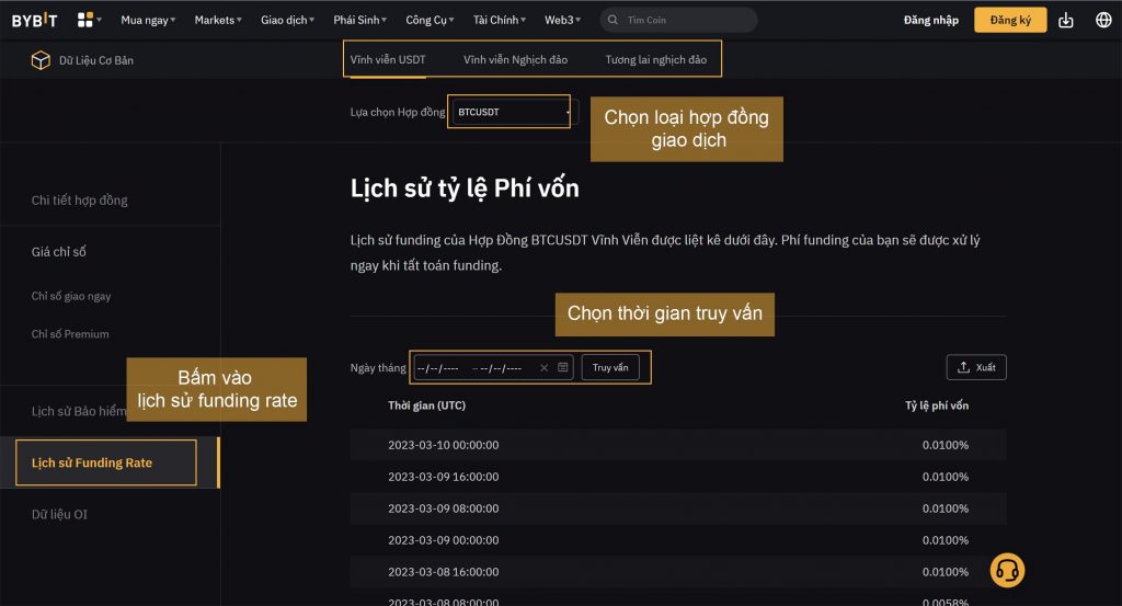 Hướng dẫn theo dõi funding rate trên Bybit.